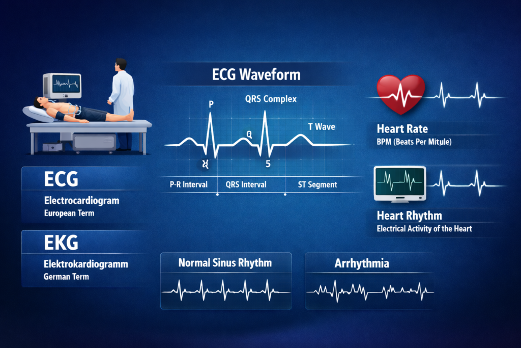 Heart rhythm waveform with patient connected to an EKG monitoring device.