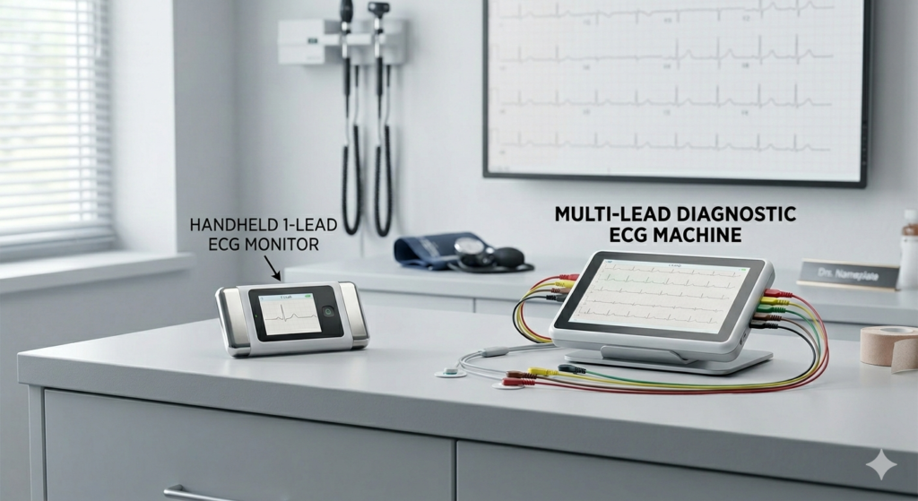 ekg vs ecg comparison showing 1-lead and 6-lead ECG devices