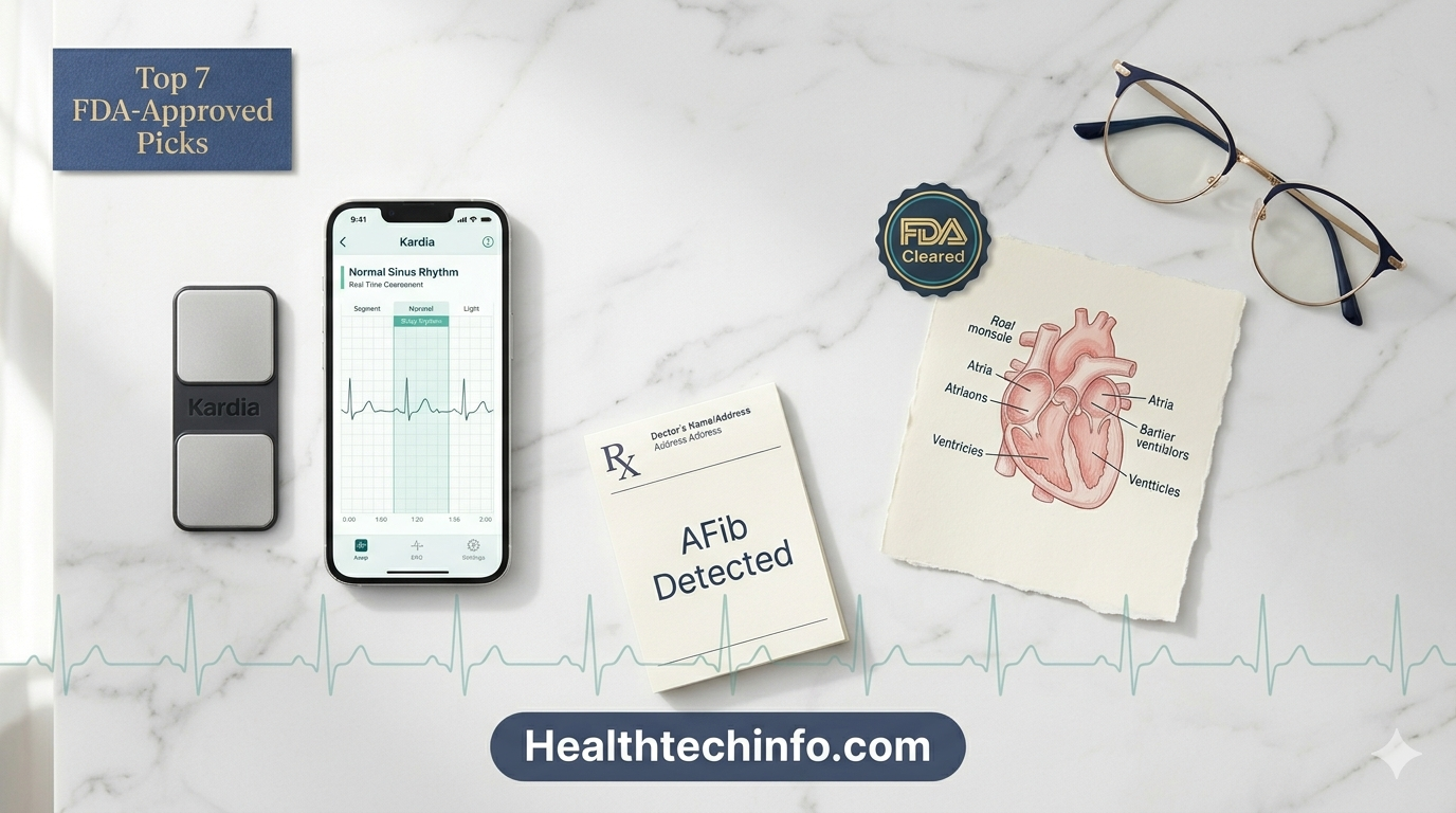 Top 7 FDA-approved home EKG monitors 2026 — KardiaMobile with live EKG waveform result on smartphone — Healthtechinfo.com
