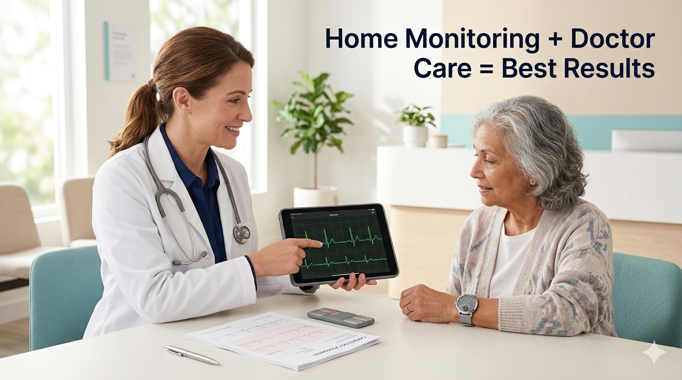 Female cardiologist reviewing EKG waveform on tablet with elderly patient , home EKG monitor consultation 2026