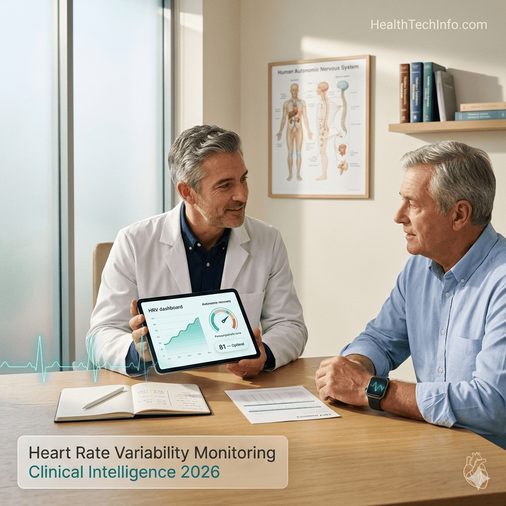 Cardiologist showing heart rate variability monitor data on clinical tablet to male patient during cardiac consultation in modern hospital room — HRV dashboard displaying 30-day trend graph and autonomic Doctor reviewing HRV monitor data with patient on clinical tablet during cardiac consultation showing autonomic recovery score — HealthTechInfo.com