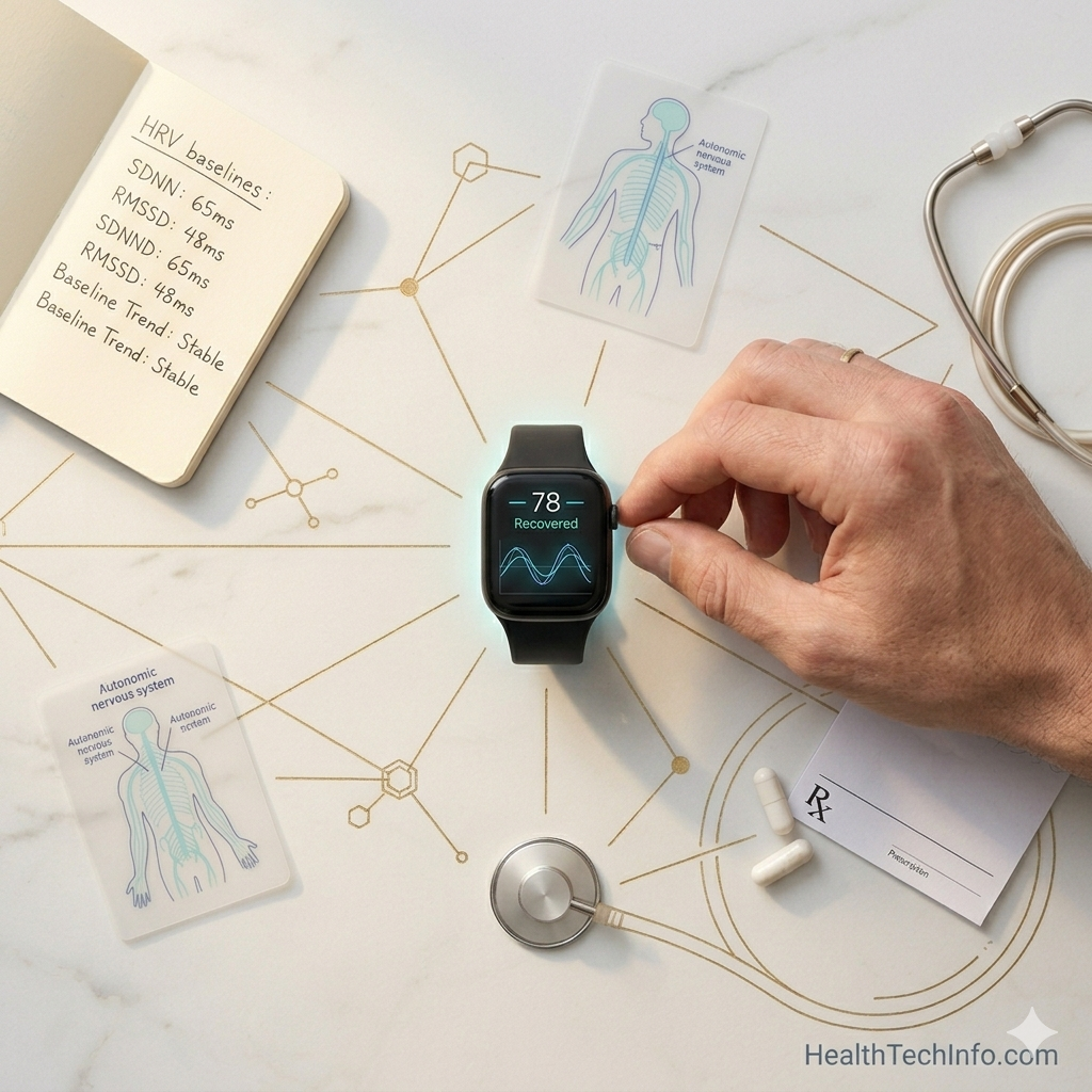 HRV monitor flat-lay with medical tools showing live heart rate variability score and autonomic health data — HealthTechInfo.com