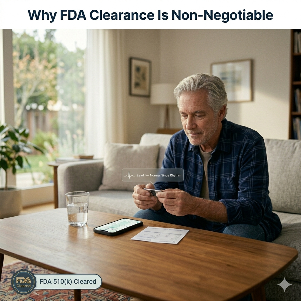 Elderly man using FDA-cleared portable home EKG monitor showing normal sinus rhythm , FDA 510k clearance guide 2026